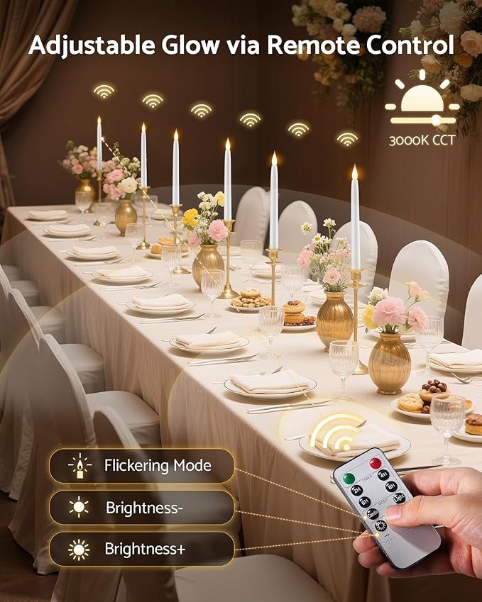 10.5" Flameless Taper Candles, Battery Operated Plastic LED Candlesticks with Remote, Timer & Dimmer, 3D Flickering Flame for Wedding, Christmas, Halloween, Home Decor, 6 Pack, White