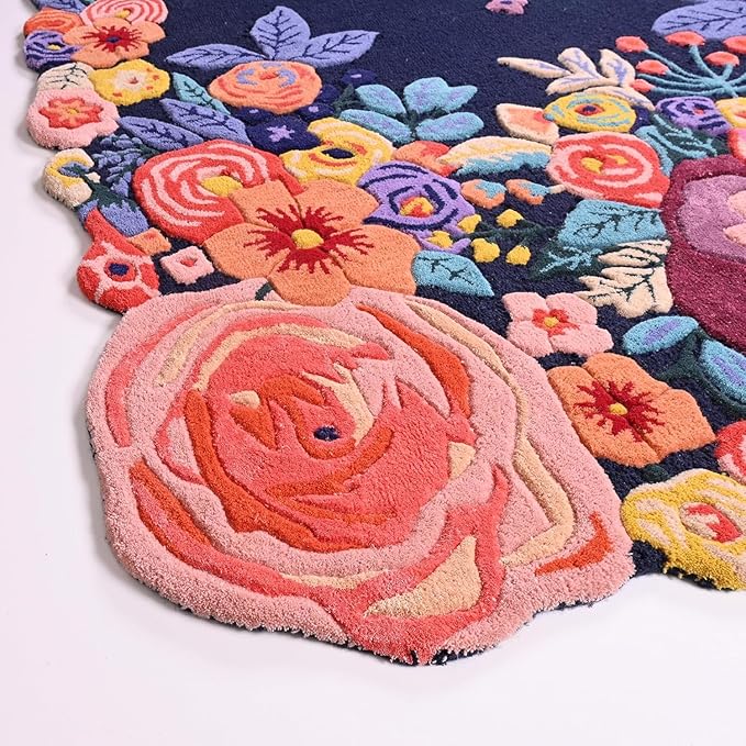 Handmade Irregular Floral Wool Area Rug Vibrant Multicoloured Garden Flower Design Soft Plush Durable Thick Carpet for Living Room Bedroom (Navy, 7 x 10 feet, Feet)
