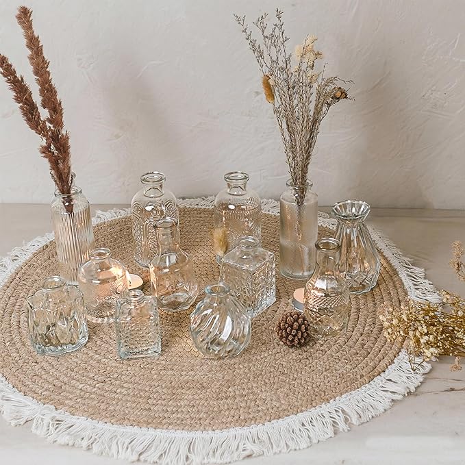 Glass Bud Vase Set of 12 Pcs Small Minimalist Vases for Flowers, Vintage Rustic Home Decor for Table Centerpiece Wedding Party, Modern Clear Aromatherapy Bottle for Living Room Bedroom