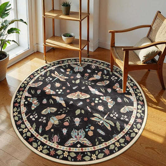 Lahome Insect Washable Round Rugs, Non-Slip Soft Round Rug 4ft Ultra-Thin, Small Boho Circle Carpet for Entryway Kitchen Bedroom Nursery Bathroom, Black