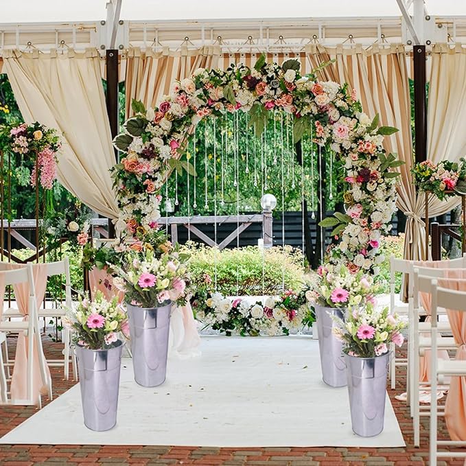 2 Pcs 15 Inch Tall Galvanized Metal Vase with Handles, French Flower Bucket Vases for Any Farmhouse, Modern, or Traditional Setting(Silver)