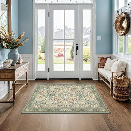 Large Entryway Rugs Indoor - Sage Green 3x4 Washable Rugs for Kitchen Bedroom Beside Bed Door Mat Indoor Entrance with Beige Woodland Flowers, Non Slip Stain Resistant Low Pile