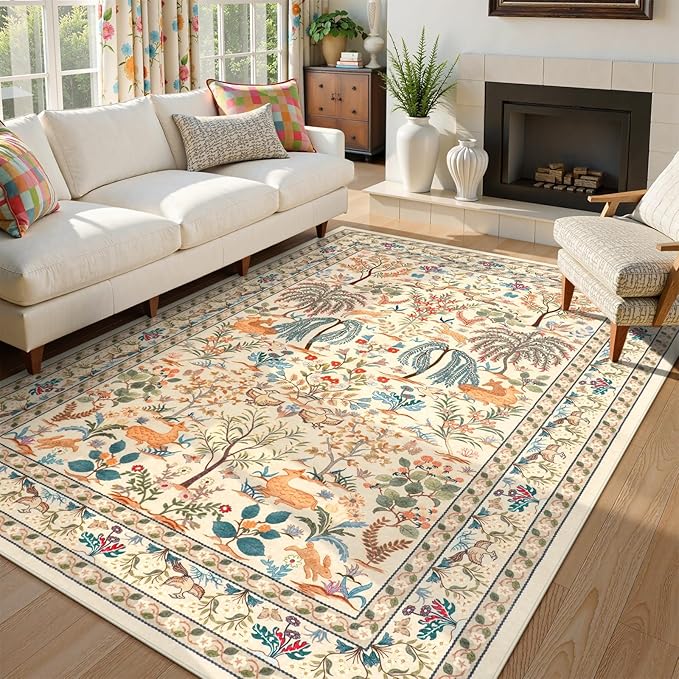 OJIA 8x10 Area Rugs for Living Room Bedroom Large Washable Rugs, Thin Boho Beige Nursery Rug Non-Shedding Kids Playroom Rug Floral Stain Resistant Large Carpet Accent Rugs for Dining Farmhouse