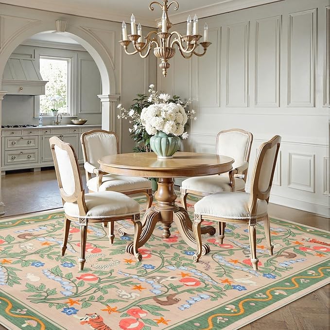 OJIA Washable Rugs 8x10, Soft Floral 8x10 Area Rugs for Living Room, Animal Non-Slip Bedroom Rug Ultra-Thin Boho Large Carpet for Nursery Dining Room Office Kids Playroom, Green