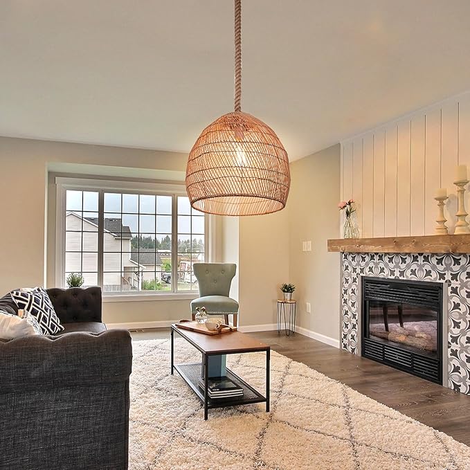 1 Light Rattan Chandelier Woven Pendant Light Fixture, Boho Coastal Wicker Hanging Ceiling Lighting for Kitchen, 15.74"W Large Lampshade for Living Room Bars Restaurants