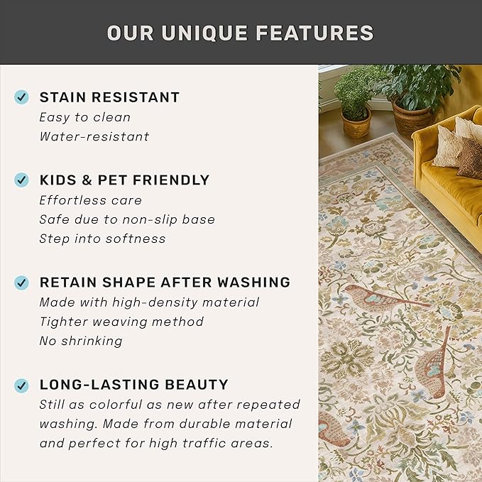 Large Entryway Rugs Indoor - Beige 3x5 Washable Rugs for Kitchen Bedroom Beside Bed Door Mat Indoor Entrance with Light Beige Woodland Flowers, Non Slip Stain Resistant Low Pile