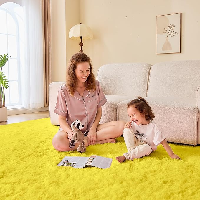 OPPODREAM 4ft Yellow Circle Rug for Bedroom, Ultra-Soft Round Rugs 4-ft for Living Room, Fluffy Carpet for Nursery, Kids, Girl, Boy, Baby, Plush, Fuzzy, Shag, Shaggy, Cute Home Decor