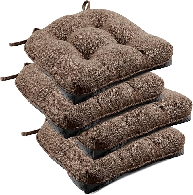 downluxe Indoor Chair Cushions for Dining Chairs, Tufted Overstuffed Textured Foam Kitchen Chair Pads with Ties and Non-Slip Backing, 15.5" x 15.5" x 4", Brown, 4 Pack