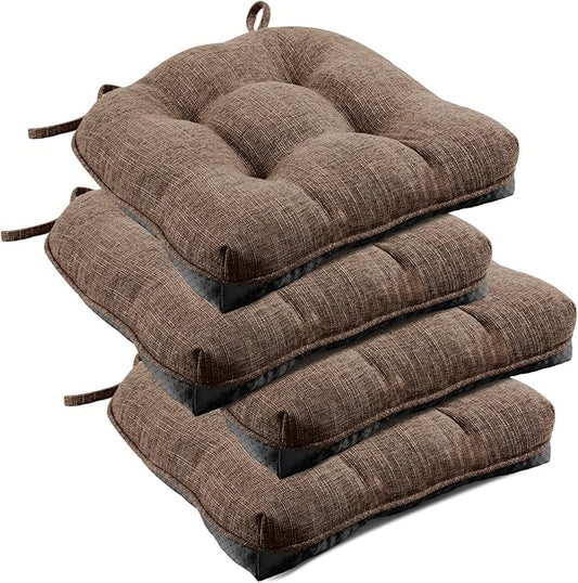 downluxe Indoor Chair Cushions for Dining Chairs, Tufted Overstuffed Textured Foam Kitchen Chair Pads with Ties and Non-Slip Backing, 15.5" x 15.5" x 4", Brown, 4 Pack