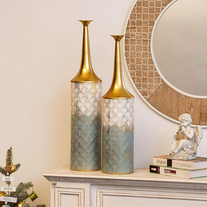 Sziqiqi Large Floor Vases Decorative Tall- 23.4/26in Set of 2 Coastal Big Vase for Home Decor Living Room Rustic Flowers Vases Metal Plant Farmhouse Vases for Pampas Grass Feathers Twigs Branches