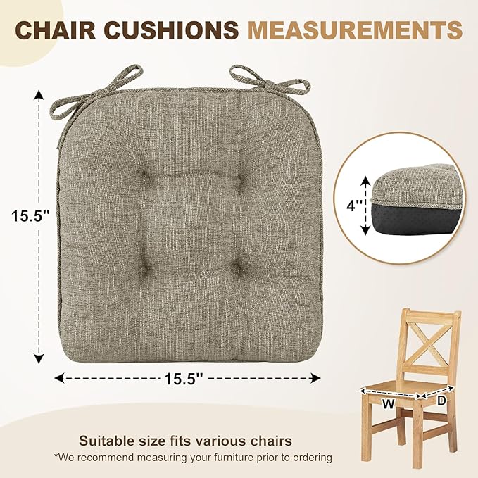 downluxe Indoor Chair Cushions for Dining Chairs, Tufted Overstuffed Textured Memory Foam Kitchen Chair Pads with Ties and Non-Slip Backing, 15.5" x 15.5" x 4", Khaki, 4 Pack