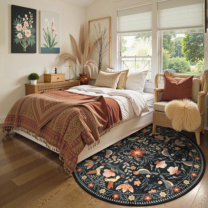 Moynesa Floral Bird Round Rug 6ft Washable Circle Rug Non Slip,Modern Transitional Black Area Rugs for Bedroom Reading Coner,Farmhouse Living Dining Room Aesthetic Carpet Folk Art Home Decor