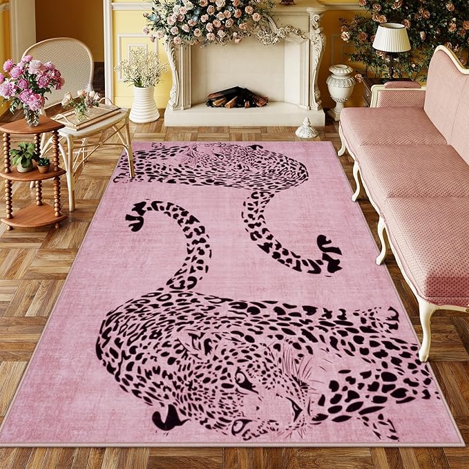 OJIA Leopard Print 5x7 Area Rugs for Living Room, Soft Washable Rugs for Bedroom Ultra-Thin Non-Slip Moden Pink Rug, Stain Resistant Nursery Rug Carpet for Kids Playroom Classroom Dining Room
