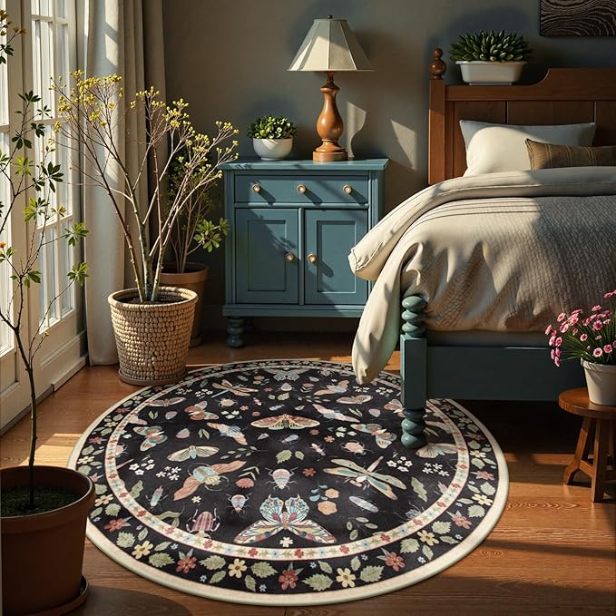 Lahome Insect Washable Round Rugs, Non-Slip Soft Round Rug 4ft Ultra-Thin, Small Boho Circle Carpet for Entryway Kitchen Bedroom Nursery Bathroom, Black
