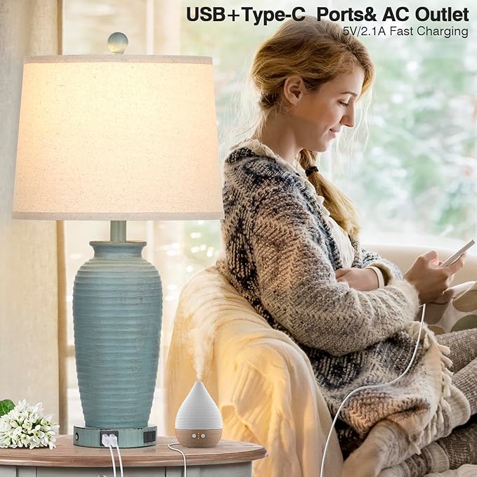 25" Farmhouse Jar Table Lamps Set of 2, 3 Way Touch Control Rustic Bedside Lamps with USB A+C Ports & AC Outlet, Pot Nightstand Lamps for Bedroom Living Room (LED Bulbs Included)