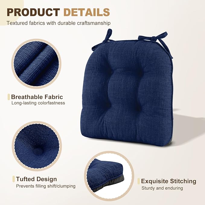 downluxe Indoor Chair Cushions for Dining Chairs, Tufted Overstuffed Textured Foam Kitchen Chair Pads with Ties and Non-Slip Backing, 15.5" x 15.5" x 4", Royal Blue, 4 Pack