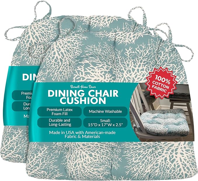 Barnett Home Decor Dining Chair Cushions with Ties – Size Small 15 x 17 - Latex Foam Fill, 100% Cotton, Machine Washable Chair Pads for Kitchen Chairs, Made in USA (Ariel Fan Coral/Pack of 2)