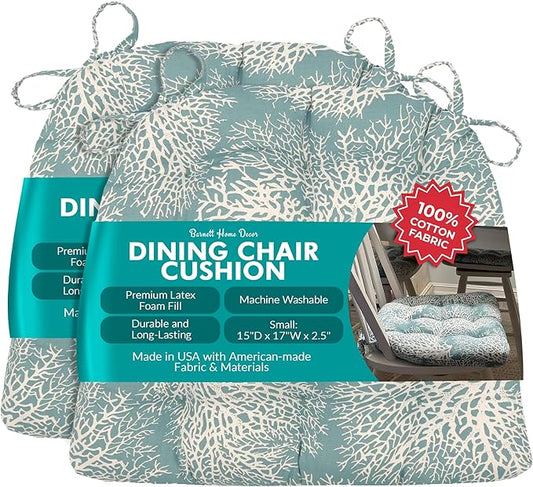 Barnett Home Decor Dining Chair Cushions with Ties – Size Small 15 x 17 - Latex Foam Fill, 100% Cotton, Machine Washable Chair Pads for Kitchen Chairs, Made in USA (Ariel Fan Coral/Pack of 2)