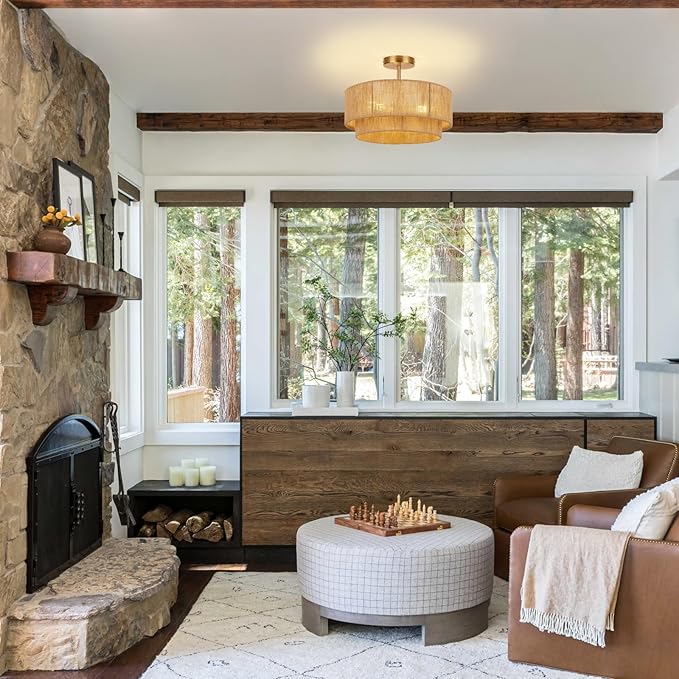 16'' Semi Flush Mount Ceiling Light,Boho Light Fixtures,3-Light Coastal Hemp Rope Ceiling Light Flush Mount with 2-Tier Drum Shade,Farmhouse Rattan Ceiling Lights for Bedroom, Kitchen,Living Room