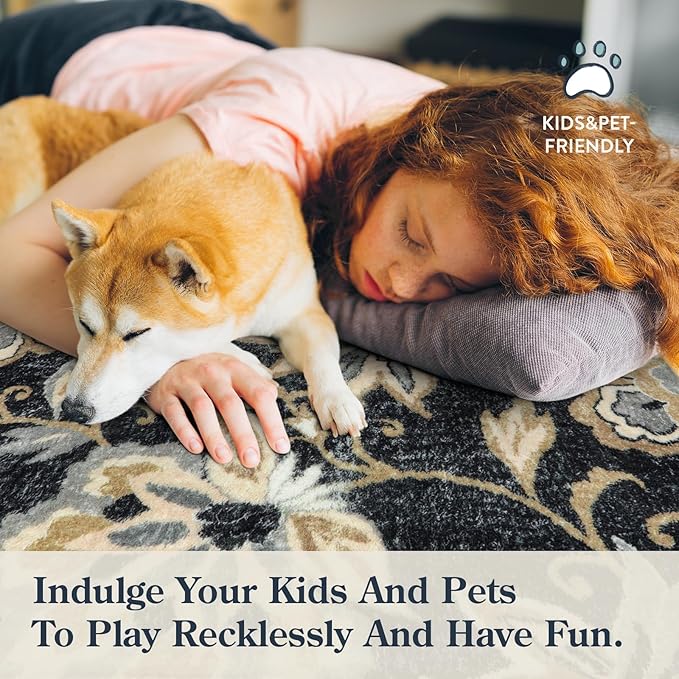 Lahome Floral Black Round Rugs - 3Ft Washable Round Area Rug Non-Slip Small Entryway Throw Soft Bedroom Circle Carpet Paisley Print Accent Distressed Circular Mat for Bathroom Sofa Living Room