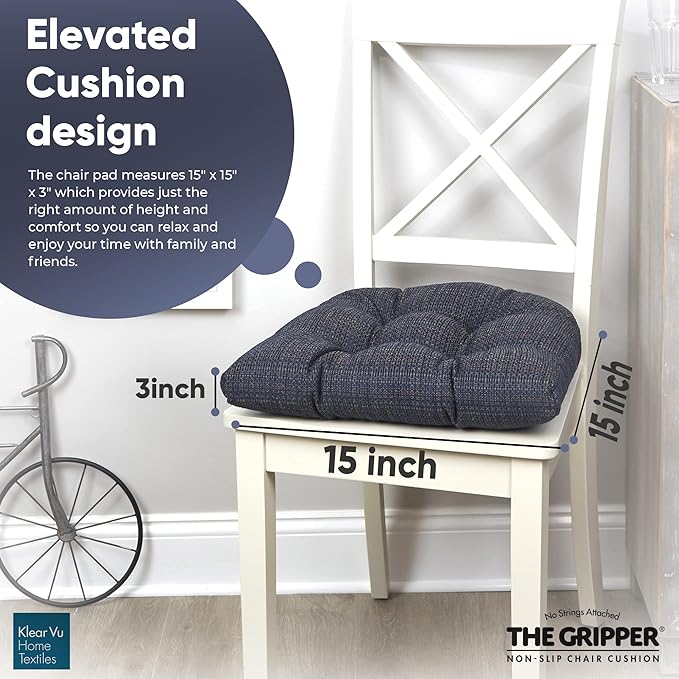 Klear Vu Gripper Overstuffed Universal Non-Slip Dining Chair Cushions for Kitchen Decor or Office Use, U-Shaped Skid-Proof Seat Pad, 15x15 Inches, 4 Count (Pack of 1), Waffle Navy Blue