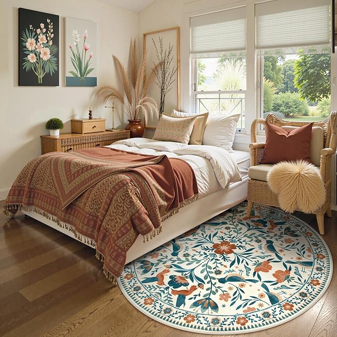 Moynesa Floral Bird Round Rug 6ft Washable Circle Rug Non Slip,Modern Bohemian Area Rugs for Bedroom Reading Coner,Farmhouse Living Dining Room Aesthetic Carpet Retro Home Decor