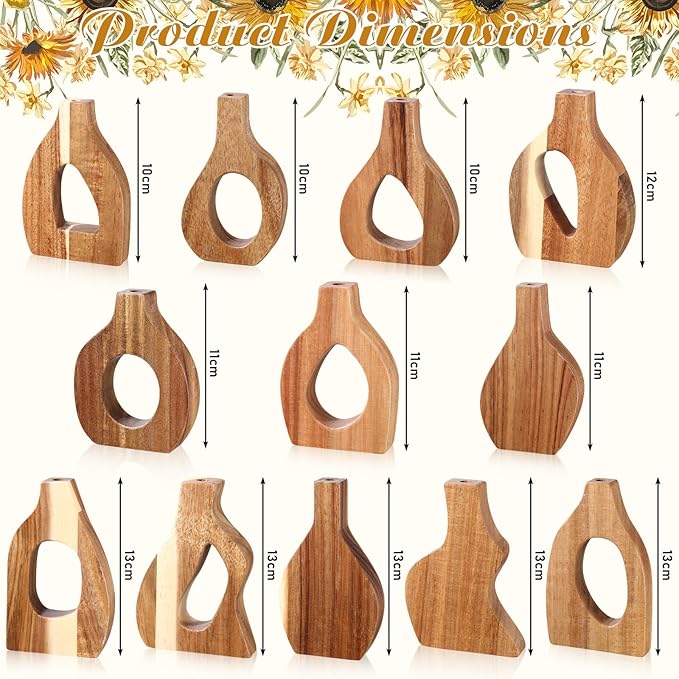 Blulu Set of 12 Small Wooden Vases for Centerpiece Decor Mini Wood Vase for Faux Flowers Plants Modern Scandinavian Home Decor for Kitchen Table Living Room
