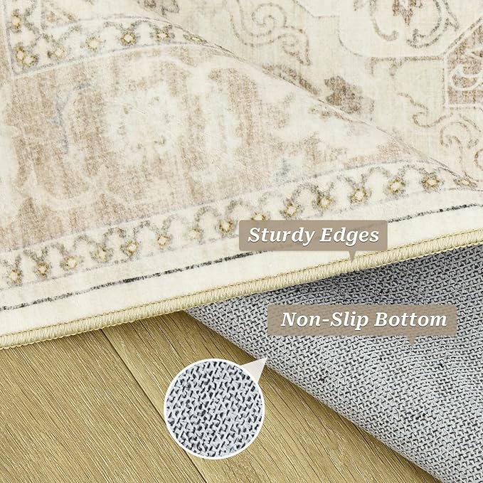Area Rug 6x9, Washable Rugs, Stain Resistant Gray Area Rugs for Living Room Bedroom Dining Room, Vintage Farmhouse Rug Beige