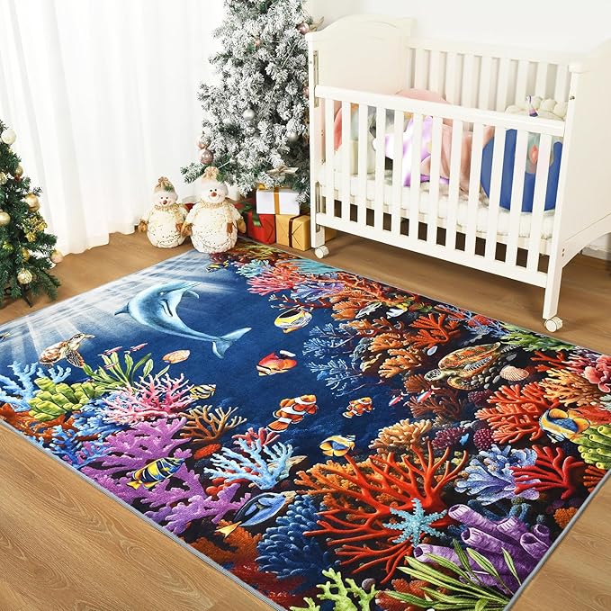 Amearea Soft Kids Rugs for Toddler Bedroom Playroom Classroom, Colorful Sea World 6x9 Area Rug, Non-Slip Washable Play Mat Nursery Rug, Fish Coral Reef Ocean Theme Carpet for Boy Girl Room Decor, Blue