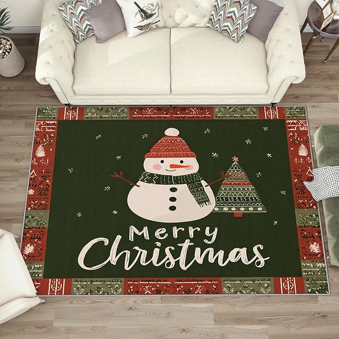 Kids Christmas Area Rug, 8x10 Rug for Bedroom, Snowman Xmas Tree Snowflake Washable Rugs for Living Room, Non Slip Soft Low Pile Stain Resistant Carpet, Christmas Holiday Room Decor