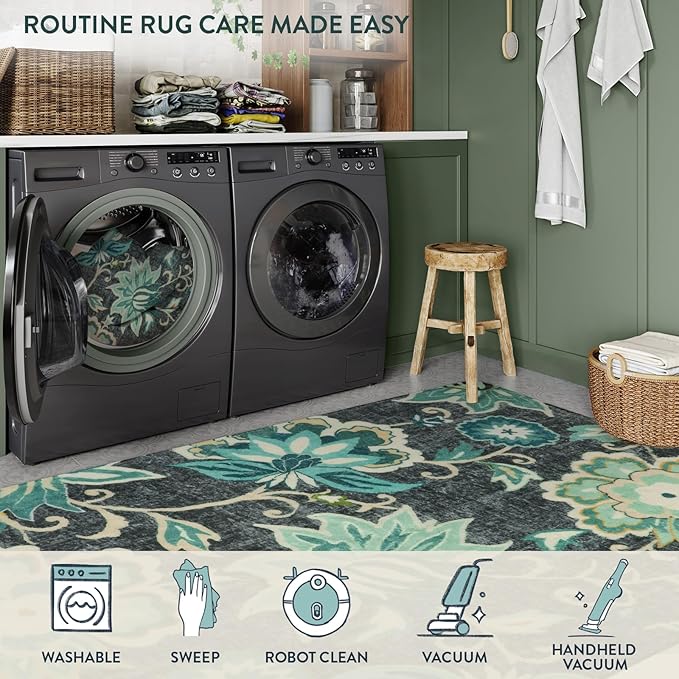 Lahome Floral 4Ft Round Rug - Washable Soft Boho Circle Rug for bedroom Non-Slip Throw Area Rug Round Kitchen Rugs, Blue Paisley Print Floor Round Rugs for Office Bathroom Entryway Nursery Living Room