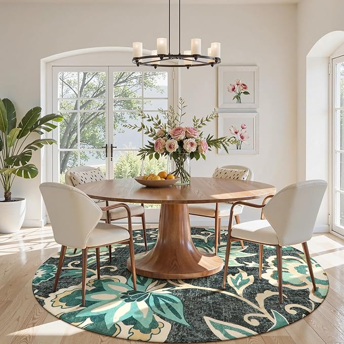 Lahome Floral 5ft Round Rug - Washable Large Boho Round Rug for Living Room Non-Slip Throw Circle Rug for Dining Room Table, Soft Blue Paisley Print Floor Carpet for Bedroom Office Kitchen Entryway