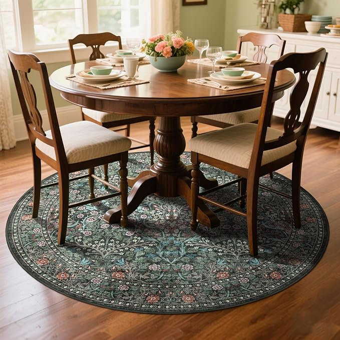 Boho Round Rug 4ft - Soft Washable Black Green Floral Round Bathroom Rug Non Slip Stain Resistant Vintage Botanical Circle Area Rugs for Living Room Bedroom Entryway Dining Room Office Nursery