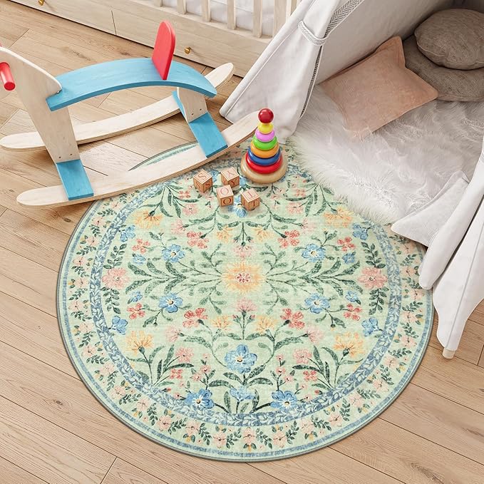 Lahome Green Round Rug for Bedroom 4ft, Sage Washable Small Kids Bathroom Circle Rug, Boho Nursery Circular Carpet Girl, Soft Non-Slip Carpet for Kids Room Sunroom