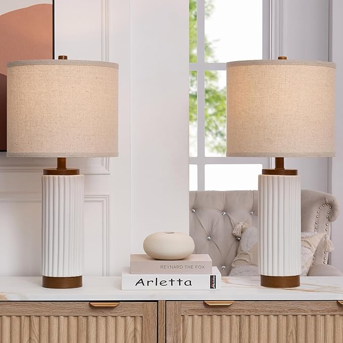 White Ceramic Table Lamps Set of 2, 25 Inch Modern Farmhouse Lamp with Oatmeal Shade for Living Room, Bedroom & Nightstand, 3-Way Dimmable White Desk Lamps