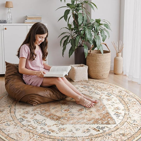Lahome Boho Round Area Rug - 5Ft Machine Washable Round Bedroom Rugs Non-Slip Throw Large Round Rugs for Living Room, Oriental Distressed Print Circle Rugs for Office Dining Room Kitchen Classroom