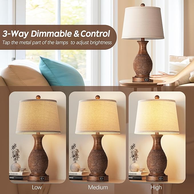 PARTPHONER Table Lamps Set of 2, Bedside Touch Lamp with USB C+A Charging Ports, Side Table Lamp with Linen Fabric Shade (LED Bulbs Included), Wood