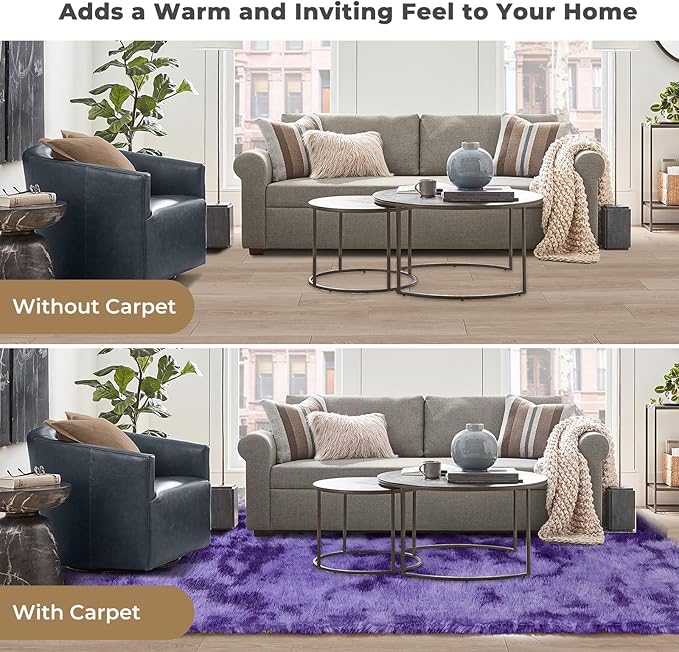 OPPODREAM Round Rugs 5ft for Play Room, Ultra Soft Circle Rug for Bedroom, 5 ft Fluffy Kids Carpet with 0.4" Thick Non-Slip Backing, Long Pile Shag Carpet, Fuzzy, Shaggy, Tie-dye Purple & Blue