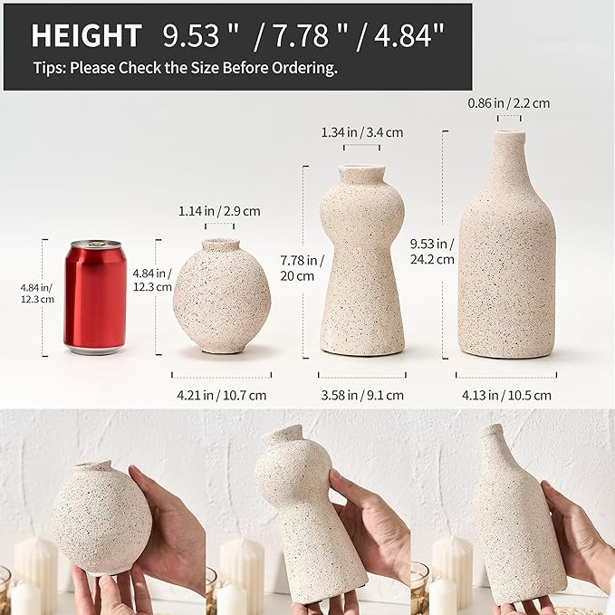 Ceramic Vase Set of 3 for Home Decor, Handcrafted Sesame Dot White Rustic Terracotta Vases, Vintage Farmhouse Decor, Minimalist Decorative Vases for Table Centerpiece Fireplace Nightstand Decoration