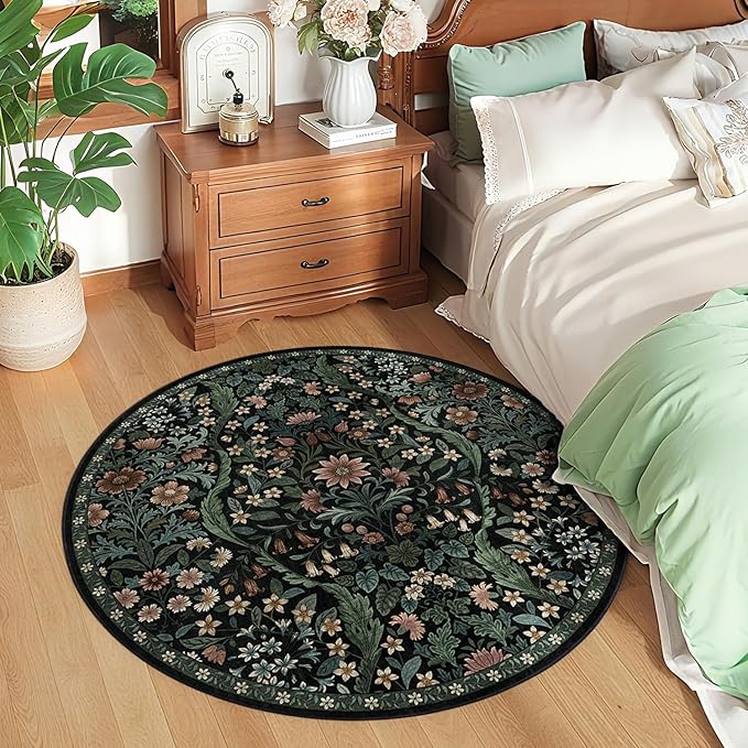 Round Rug 4ft Black Washable Floral Circle Rug,Vintage Boho Botanical Round Area Rugs, Non-Slip Soft Low-Pile Circular Carpet for Bedroom,Kids Room,College Dorm,Home Decor