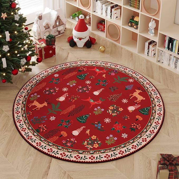 Rugcomf Christmas Round Rug 4ft – Red Santa Claus Area Rug, Machine Washable Non-Slip Low Pile Holiday Carpet for Entryway, Living Room, Bedroom, Dining Room, Kids, Bathroom, Office