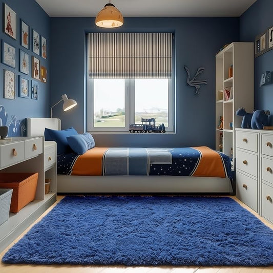 ONASAR Navy Area Rugs for Bedroom Living Room, Washable 4x6 Blue Fluffy Indoor Bedside Floor Rug, Ultra Soft Plush Furry Fuzzy Shaggy Carpet for Nursery Kids Boys Teen Dorm Home Decor Aesthetic