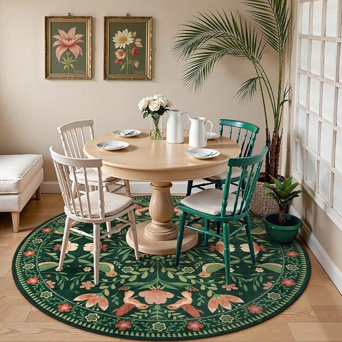 Moynesa Floral Bird Round Rug 6ft Washable Circle Rug Non Slip,Modern Cottage Green Area Rugs for Bedroom Reading Coner,Farmhouse Living Dining Room Aesthetic Carpet Vintage Home Decor