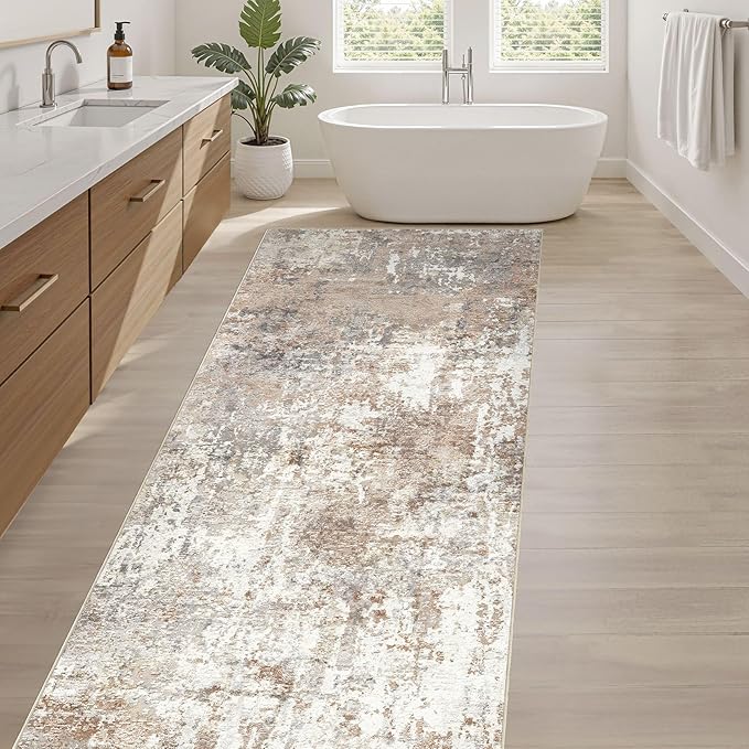 Runner Rug Kitchen Washable Rugs: 2x6 Non-Slip Abstract Soft Modern Stain Resistant Indoor Floor Neutral Accent Throw Carpet for Hallway Bathroom Laundry Room Entryway Bedroom- Brown