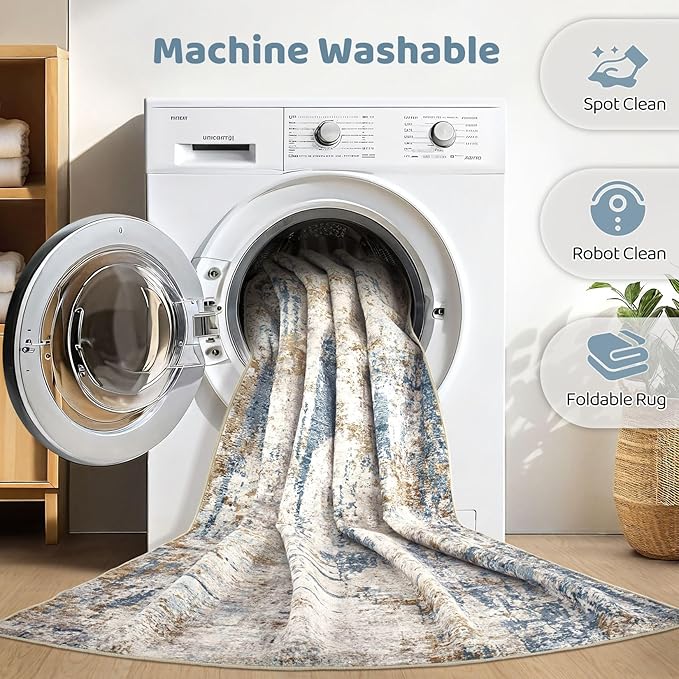 6x8Ft Area Rug Washable Rugs: Living Room Large Abstract Modern Soft Stain Resistant Indoor Floor Non-Slip Accent Carpet for Bedroom Nursery Playroom Office Dining Room Dorm Home House- Tan