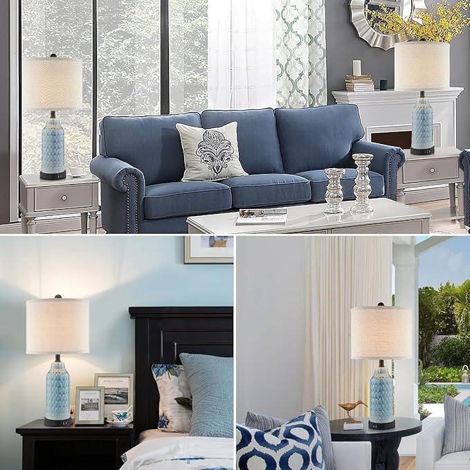 Ceramic Table Lamps for Bedroom Set of 2,Touch Lamp with USB Ports for Nightstand, 3-Way Dimmable Blue Coastal Bedside Lamps for Bedroom Living Room End Table Side Table(Bulbs Included)