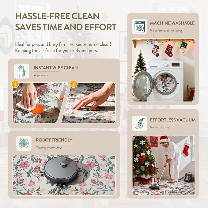 Lahome Christmas Round Rug 5ft, Washable Botanical Christmas Dining Room Decor for Under Table, Whimsical Holly Berries Circle Mats for End of Bed Coffee Table