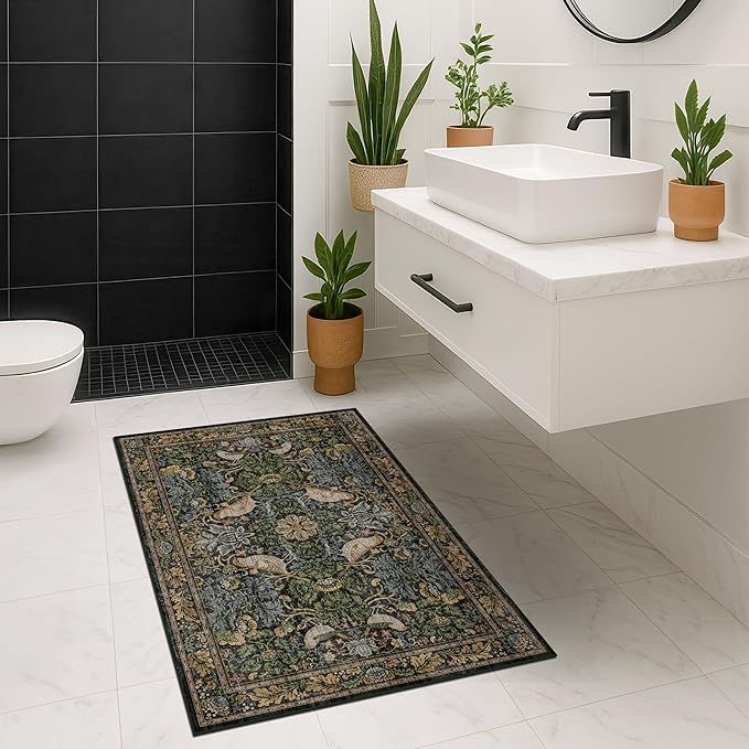 Large Entryway Rugs Indoor - 3x4 Washable Rugs for Kitchen Bedroom Beside Bed Door Mat Indoor Entrance with Moody Woodland Flowers, Non Slip Stain Resistant Low Pile