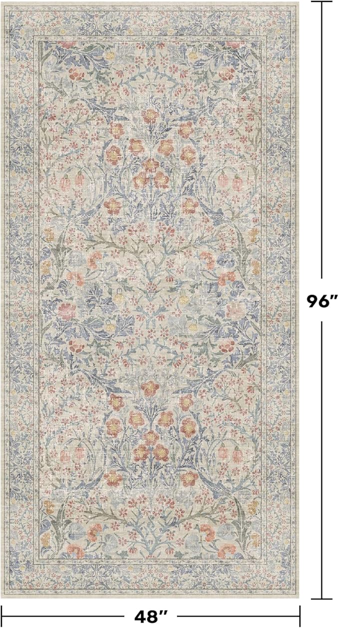 Beige Blue Washable Rugs for Living Room - 4x8 Vintage Boho Eclectic Pastel, Washable Low Pile Non Slip Area Rug for Bedroom Beside Bed, Door Mat Indoor Entrance, Kitchen, Home Floor Decor