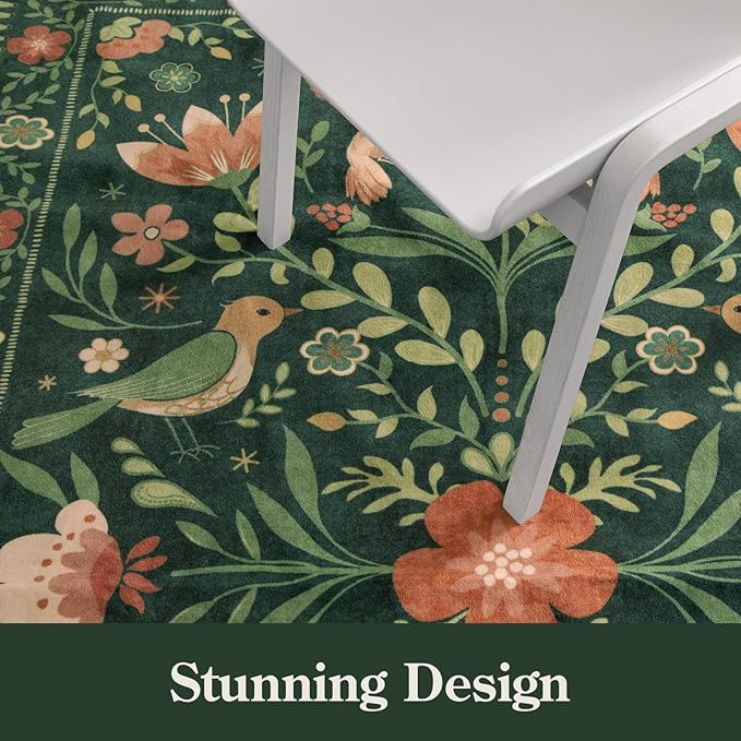 Moynesa Floral Bird Round Rug 6ft Washable Circle Rug Non Slip,Modern Cottage Green Area Rugs for Bedroom Reading Coner,Farmhouse Living Dining Room Aesthetic Carpet Vintage Home Decor